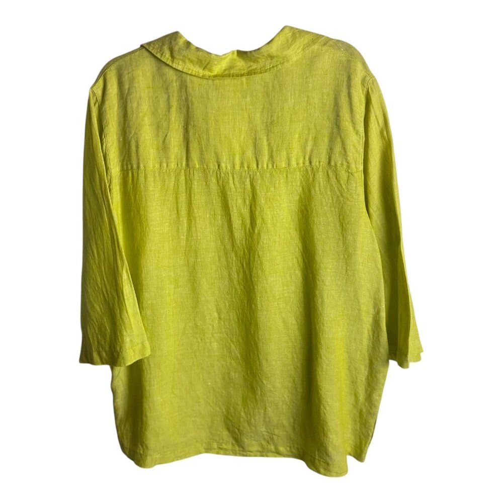 Tahari Size 1X Pure Linen Pop Over Blouse Top Yellow Green Beachy Lagen Look - Picture 4 of 5